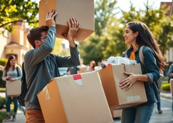 Studentische Umzugshelfer beim Tragen von Umzugskartons